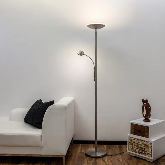 Lindby Lampadaire LED Malea Nickel Mat - Éclairage Indirect & Lecture