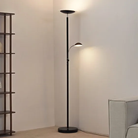 Lampadaire Lindby Malea LED avec bras noir et lampe de lecture