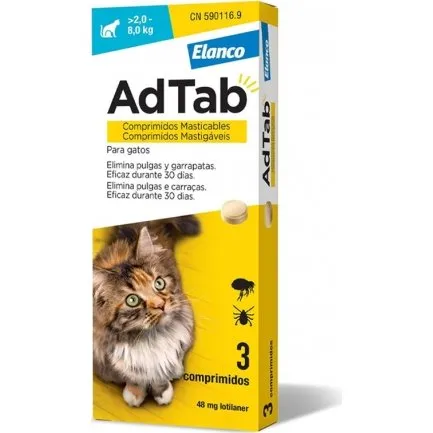 AdTab Comprimés Mastigables Lotilaner 48 mg pour Chat 2-8 kg