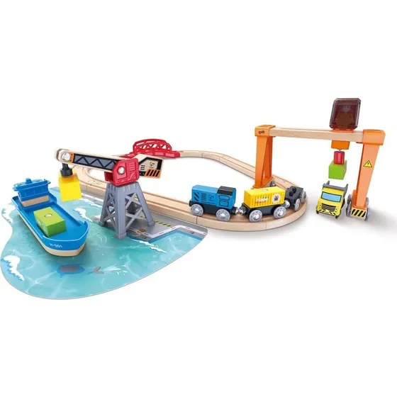 Hape - Circuit de train cargo et grue en bois