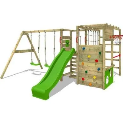 FATMOOSE ActionArena Portique bois vert pomme avec balanoire et toboggan