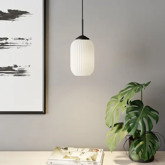 Dyberg Larsen Suspension Riflet en Verre Opale Blanc, Ø 14 cm