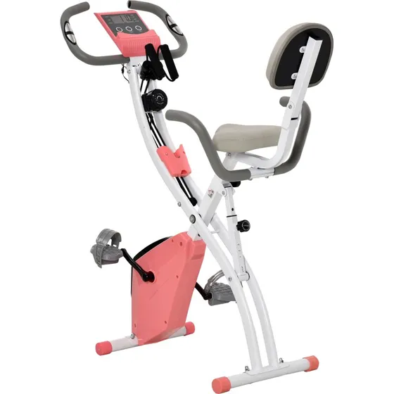 Homcom Vélo d'Appartement Pliable 8 Niveaux Magnétique Rose Blanc