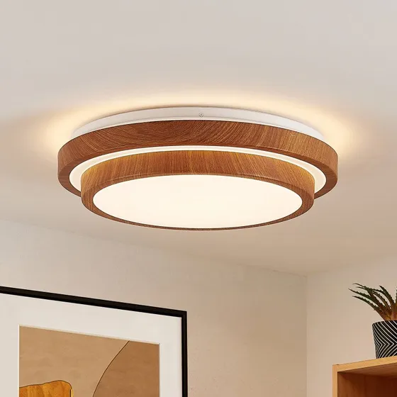 Plafonnier LED Lindby Vaako, aspect bois et blanc, Ø 41 cm