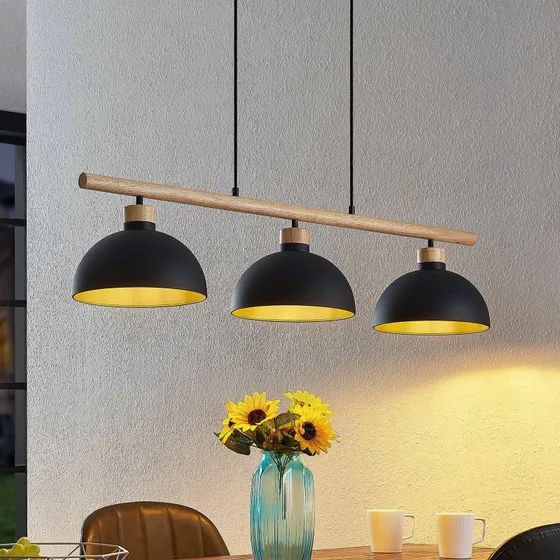 Suspension Lindby Tirzana - Noir et Bois - 3 Lampes