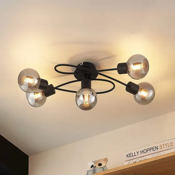 Lindby Plafonnier Elaina Noir et Verre Fumée - 5 Lampes