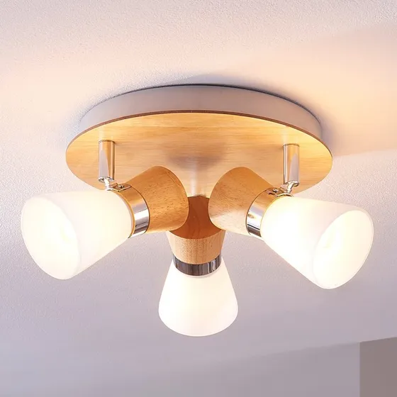 Plafonnier Lindby Vivica, Ø 26 cm, Bois et Chrome, 3 Lampes