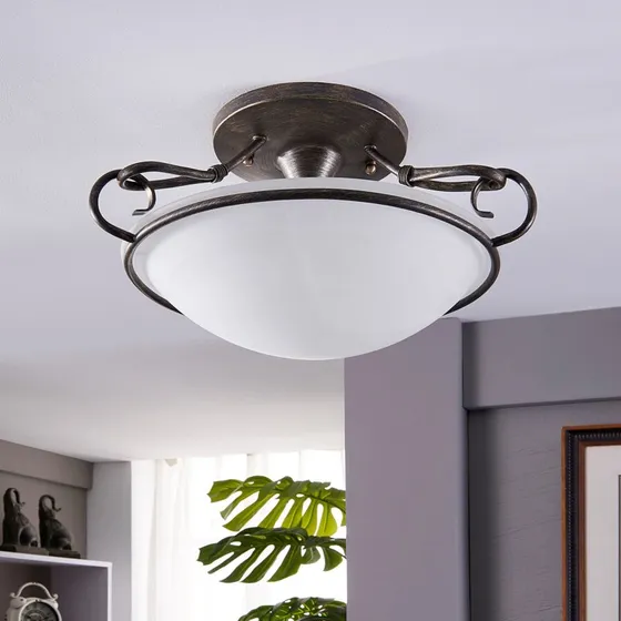 Lindby Plafonnier Rando - Style Rustique, Argent Antique et Verre - Ø 50 cm
