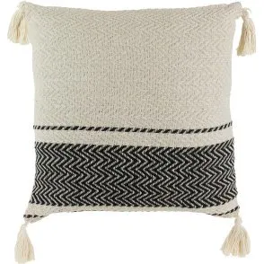 KALDIA Coussin Berbère 40x40cm Beige à Motifs Noirs avec Pompons Déhoussable