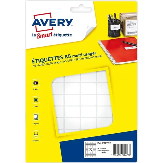 Avery - Étiquettes Blanches 16 x 22 mm, 1152 unités, Format A5