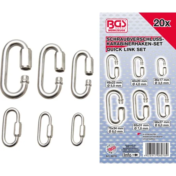 BGS Assortiment Mousquetons à Visser 20 Pièces