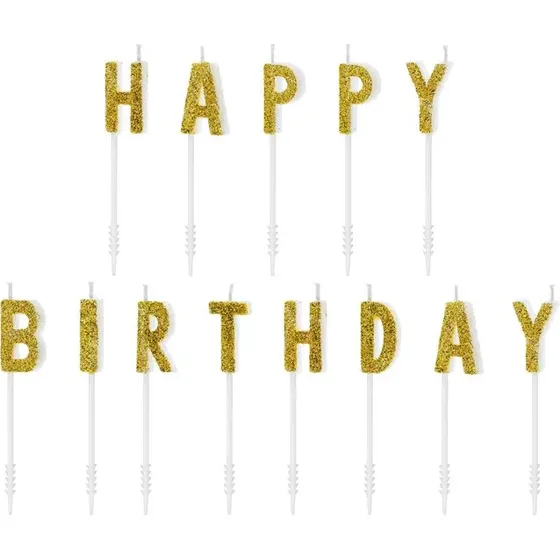 Bougie Happy Birthday Or 1,5 x 2,5 cm - 13 unités