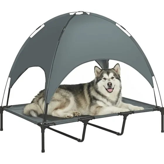 PawHut Lit Chien sur Pied avec Velum Anti-UV 122x92x108 cm Gris Noir