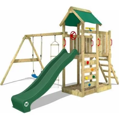 WICKEY MultiFlyer Portique Bois Vert avec Balançoire et Toboggan