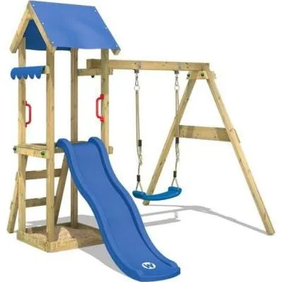 WICKEY TinyWave - Aire de jeux en bois avec toboggan et bac à sable bleu