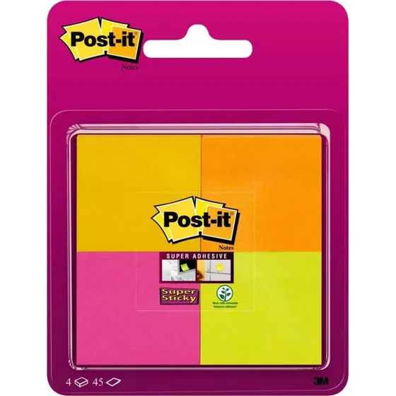 3M Post-it Super Sticky Notes 6910YPOG, 4 blocs 48x48mm néon