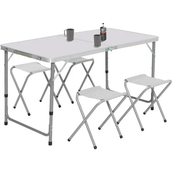 CampingPro Table pliante réglable 120 cm + 4 tabourets blanc