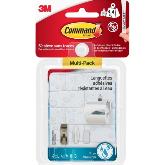 3M Command - Lot de 16 languettes adhésives résistantes à l'eau (8S+4M+4L)