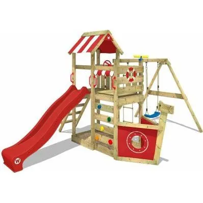 WICKEY SeaFlyer - Aire de jeux en bois avec balanoire, toboggan et bac  sable - Rouge