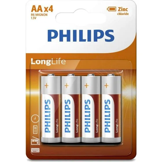 Philips Piles AA 4 pièces Salines Zinc Carbone