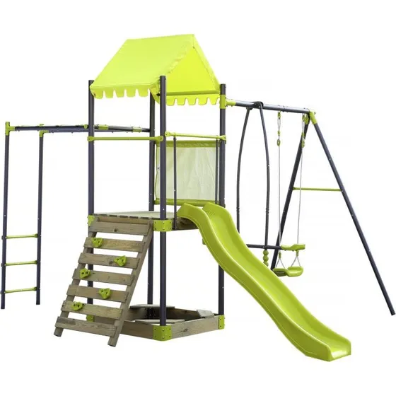 Lucien - Portique métal 6 agrès avec toboggan et bac à sable vert