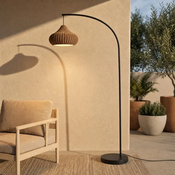 Lucande Taniola Lampadaire d'extérieur en rotin beige, 195 cm