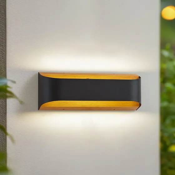Lindby Applique d'extérieur LED Lenore, Noir, Aluminium et Teck, 36,5 cm