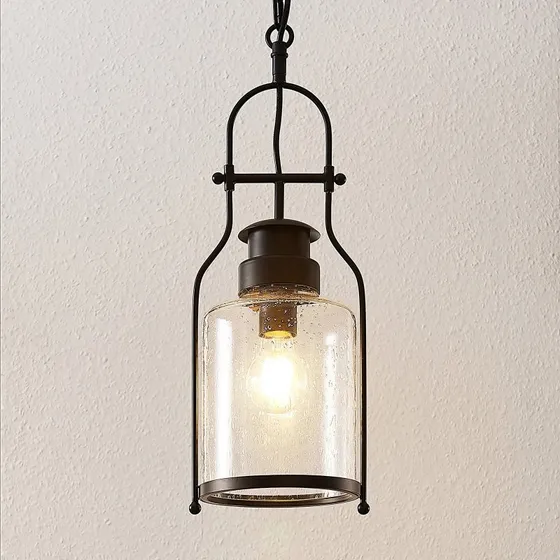 Lindby Suspension Rozalie Noir et Verre à Bulles - Style Vintage