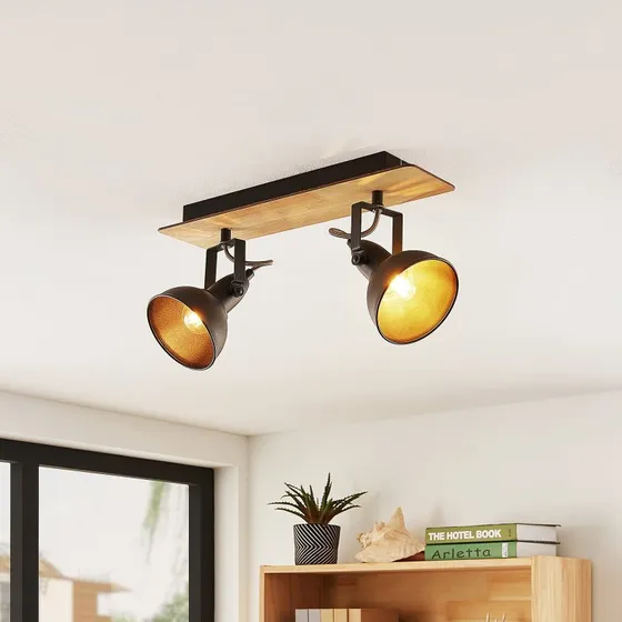 Lindby Plafonnier Aylis - 2 Lampes, Noir et Bois, 40 cm