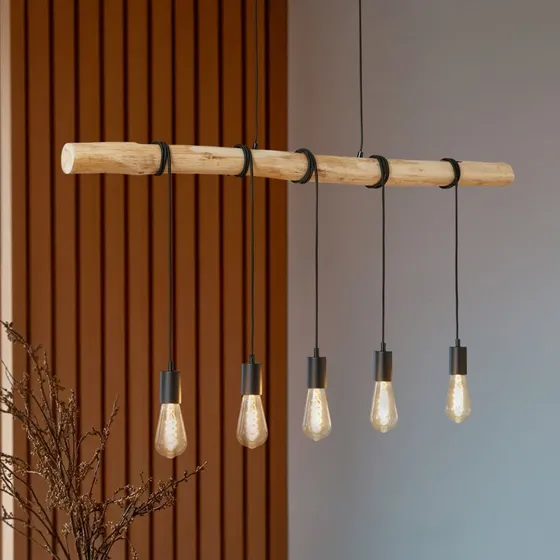 Suspension Lindby Rom, Bois Clair et Noir, 5 Lampes