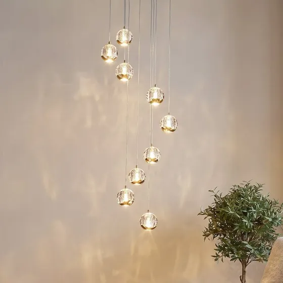 Lucande Suspension LED Hayley - Or et Verre à Bulles - 9 Lampes