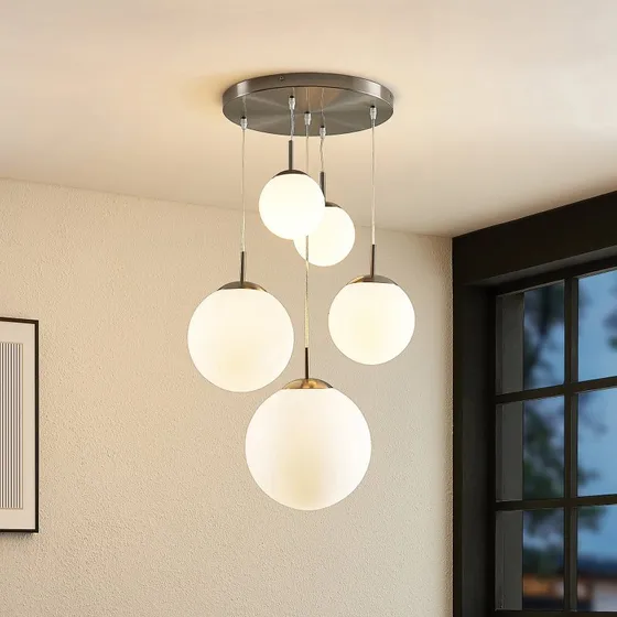 Suspension Lindby Heleska - Verre Opale et Nickel - 5 Lampes