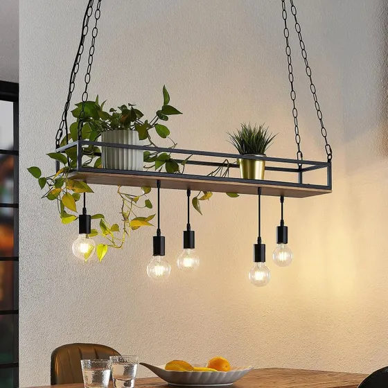 Suspension Lindby Kirista - Noir et Bois - 5 Lampes - 100 cm