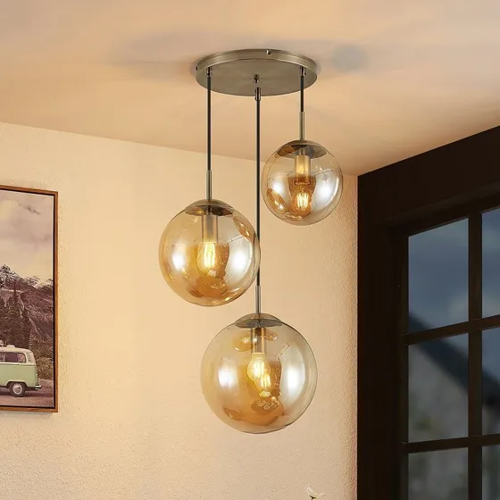 Lindby Suspension Teeja Ambre - 3 Boules en Verre - Ø52cm