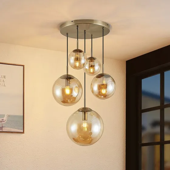 Lindby Suspension Teeja en Verre Ambre - 5 Boules