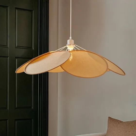 Suspension Lindby Astraia, Rotin Naturel/Blanc, Ø 80 cm
