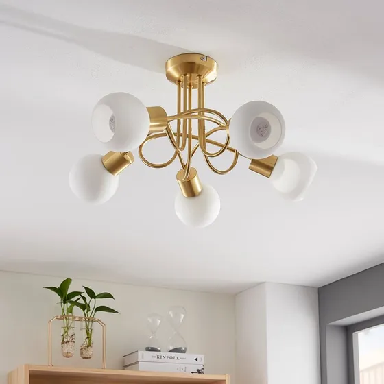 Plafonnier Lindby Elaina, Doré et Verre Opalin, 5 Lampes