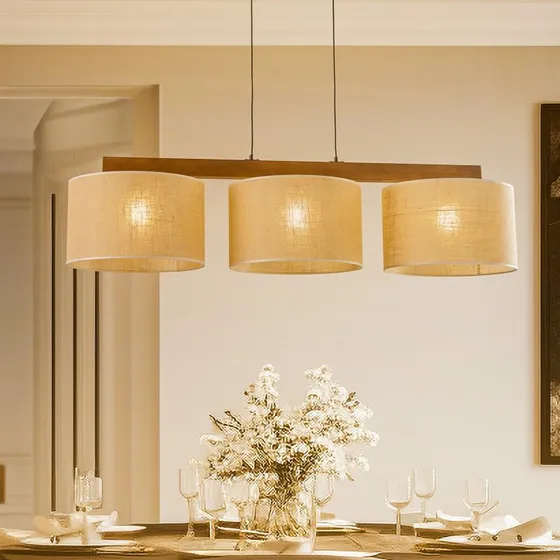 TK Lighting Suspension Juta - Bois clair et Jute, 3 lampes