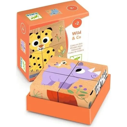 Djeco Cubes en bois Wild and Co - 6 animaux sauvages