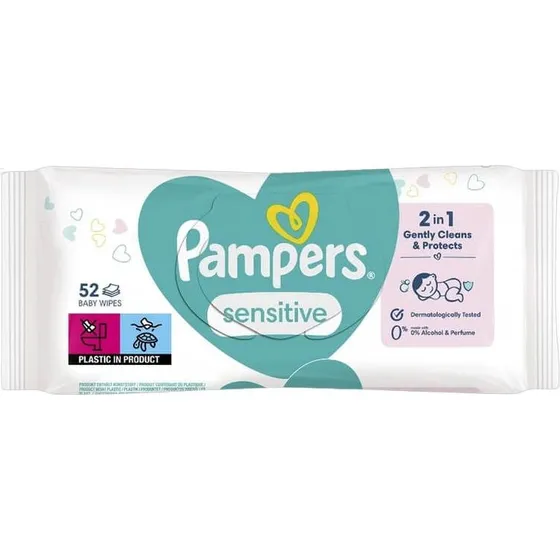 Pampers Sensitive Lingettes pour bébés, 52 pièces, 0% plastique