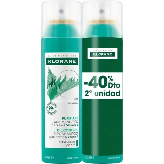 Klorane Shampooing Sec à l'Ortie pour Cheveux Gras - Lot de 2 x 150ml