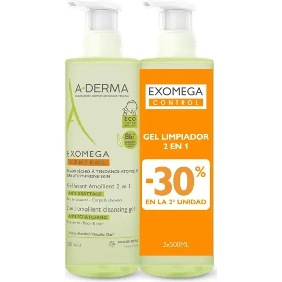 A-Derma Exomega Control Gel Nettoyant Émollient 2-in-1 2 x 500 ml