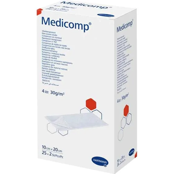 Medicomp Compresses Stériles Non-Tissées 4 Plis 10x20 cm, 50 pièces