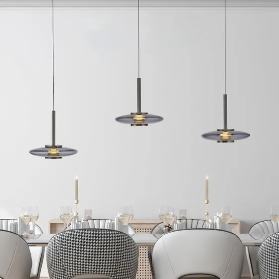Suspension LED Vitrum PURE, grise, 3 lampes en verre et aluminium