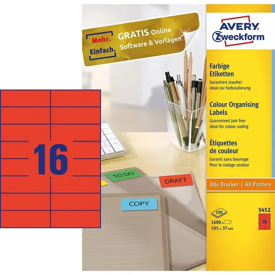 Avery 3452 tiquettes Rouges 105 x 37 mm (1600 pices)