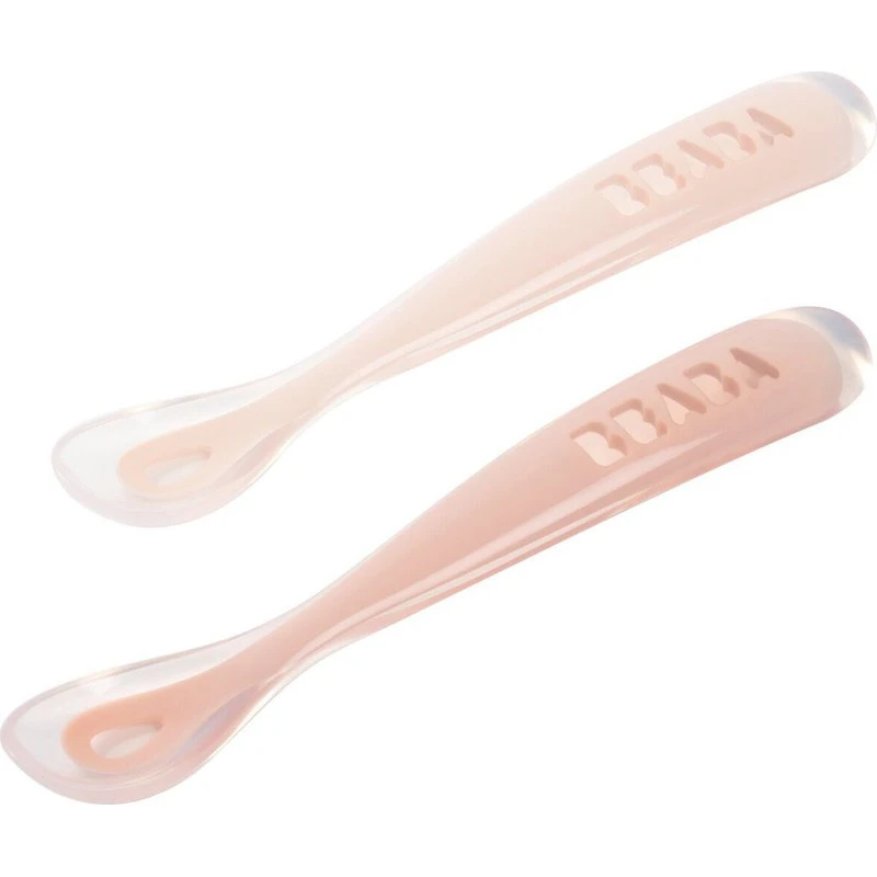 Béaba Lot de 2 cuillères 1er âge silicone gris rose