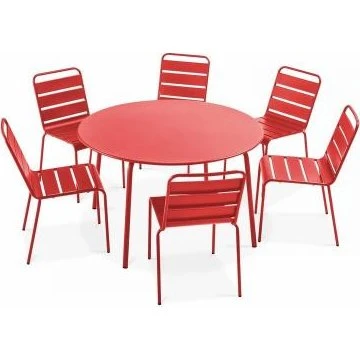 Palavas - Ensemble table ronde 120 cm et 6 chaises métal rouge
