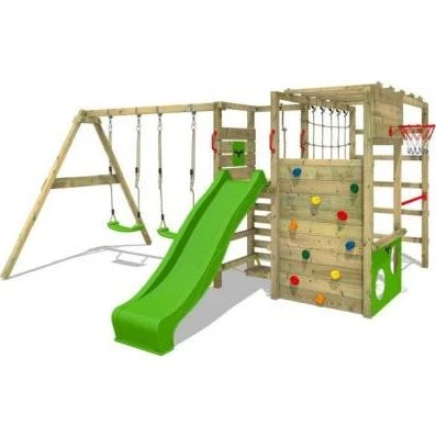 FATMOOSE ActionArena Portique bois vert pomme avec balançoire et toboggan