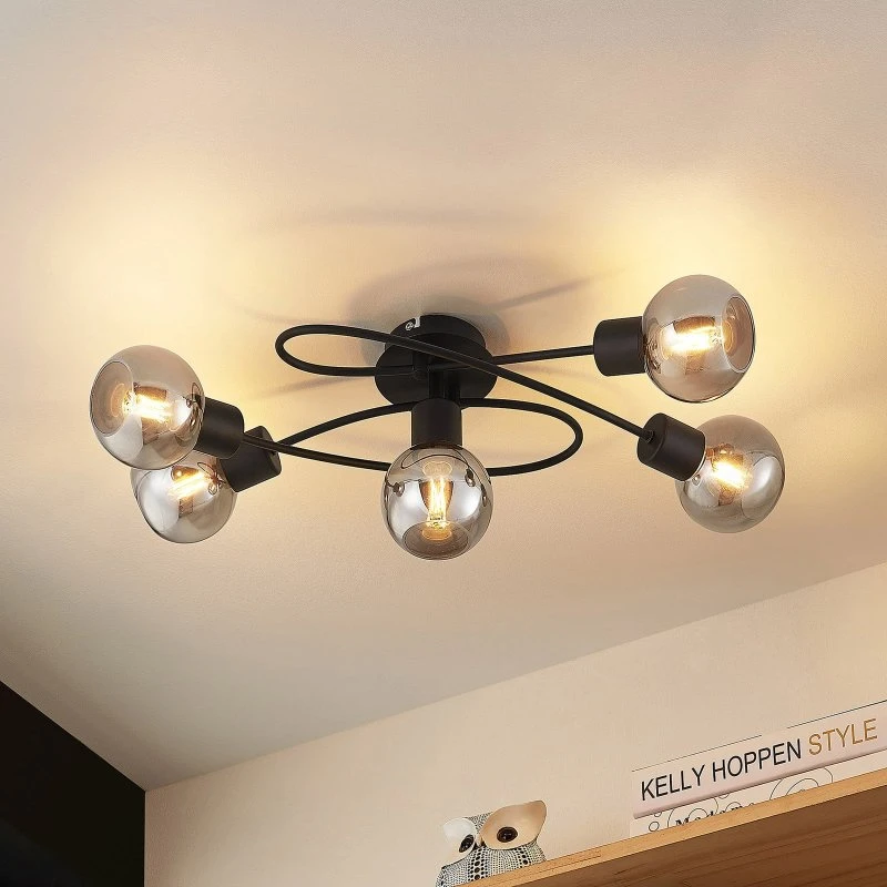 Lindby Plafonnier Elaina Noir et Verre Fumée - 5 Lampes