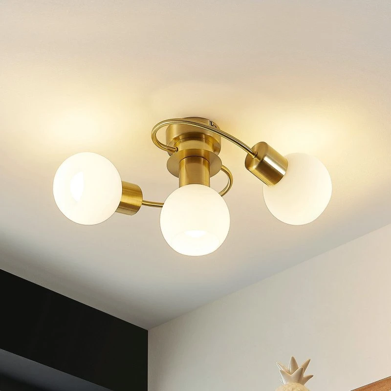 Plafonnier Lindby Ciala, Laiton et Verre Opalin, 3 Lampes